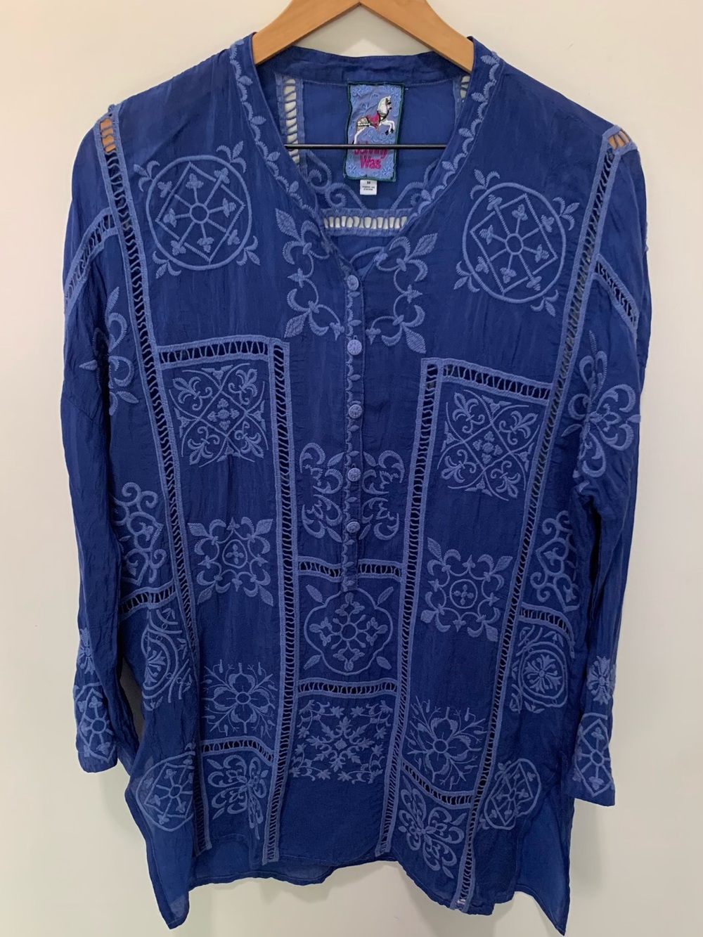 Johnny Was Embroidered  Long Sleeve Tunic Top Blue Size Medium
